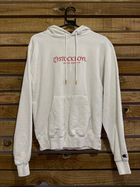 Vintage Y2K Champion Stockboys hoodie/ hooded sweater. White. Size Small.