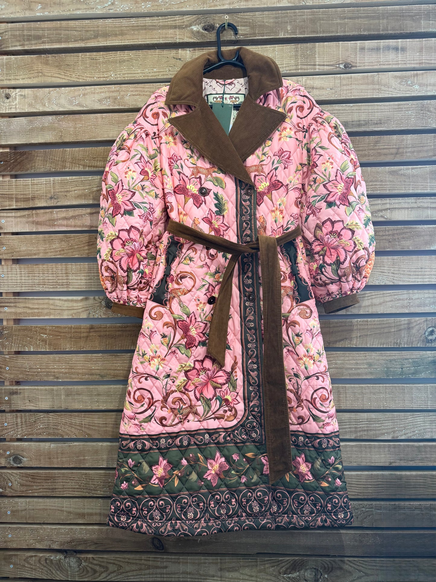 BNWT Barbour x Farm Rio Cami Quilted Jacket. Pink patchwork. Size XS.