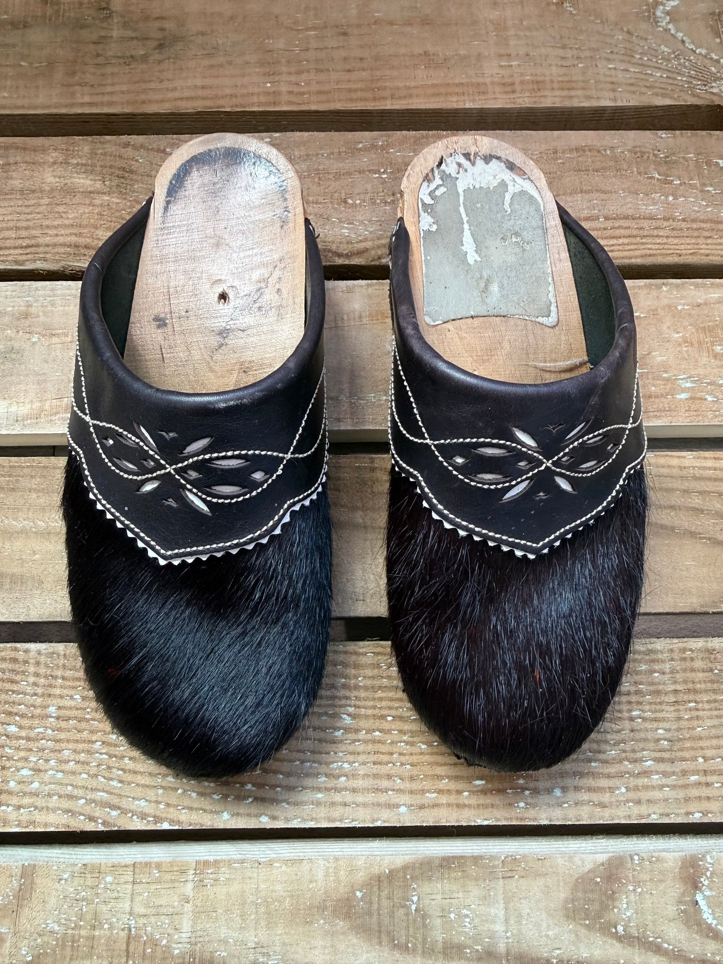 Penelope Chilvers pony wood clogs/ mules. Black/ Brown. Size EU38, UK5