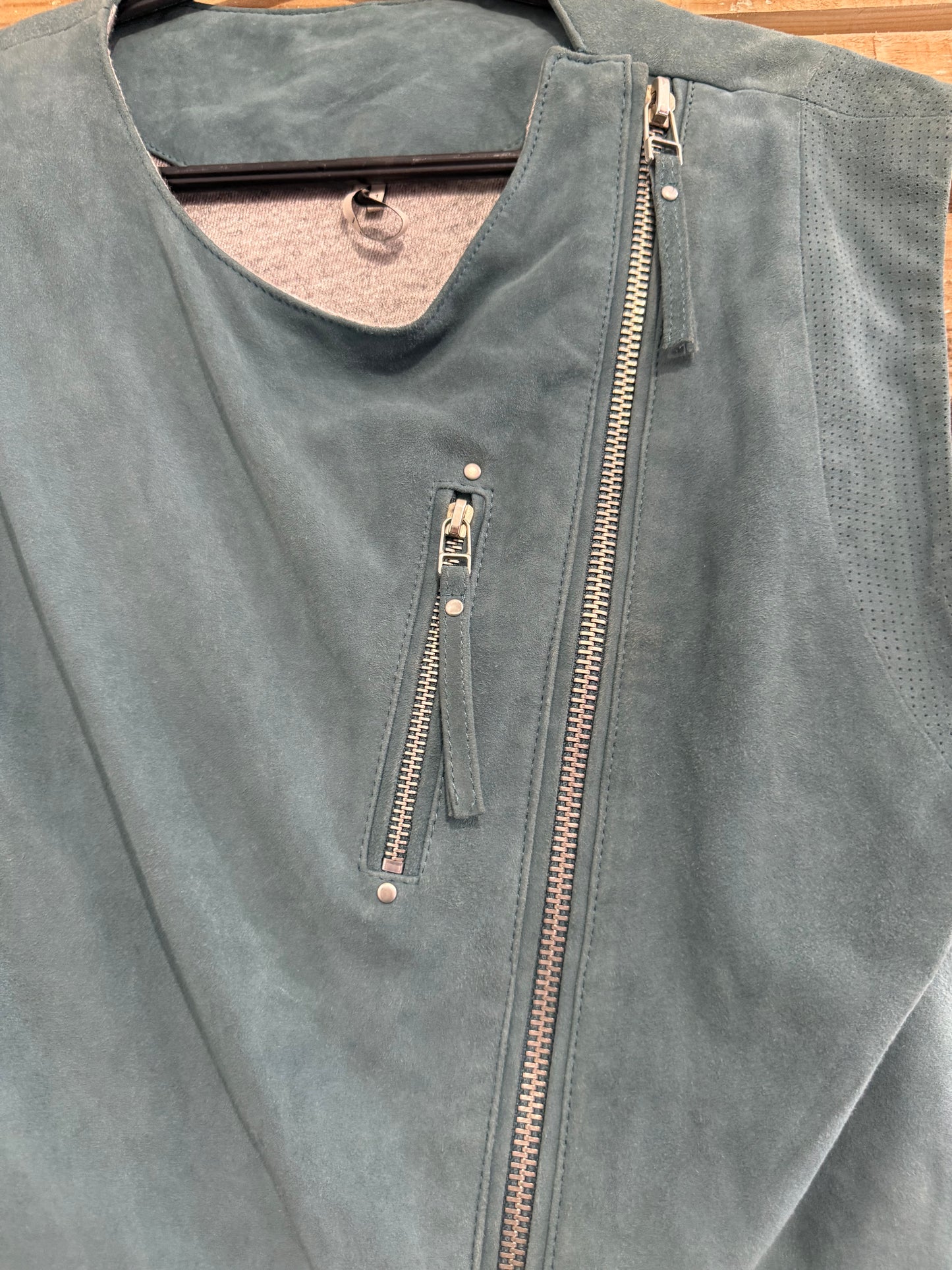 Vintage Y2K sleeveless suede leather gilet jacket. Biker/ Festival. Teal. Size Small.