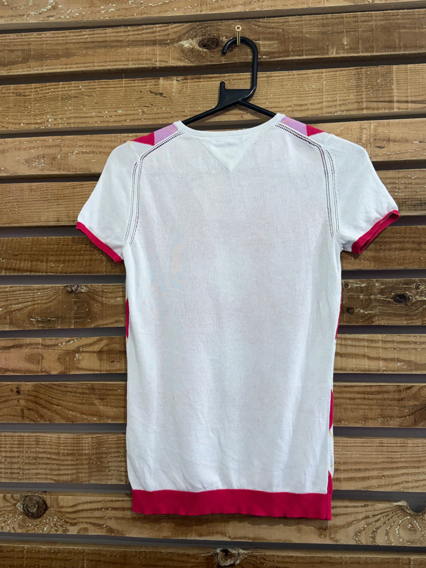 Vintage 90s Tommy Hilfiger argyle crewneck cotton jumper/ sweater. Pink. Size Small.