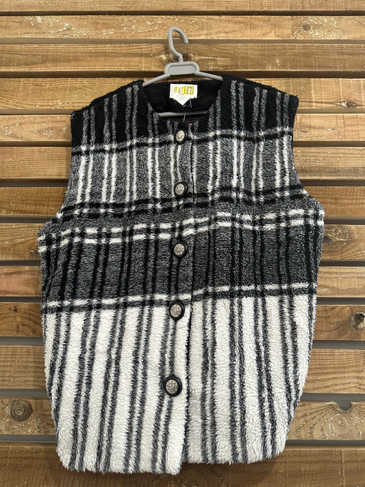 Vintage 90s duffel patterned grey fleece. gilet/ sleeveless. Size XL.