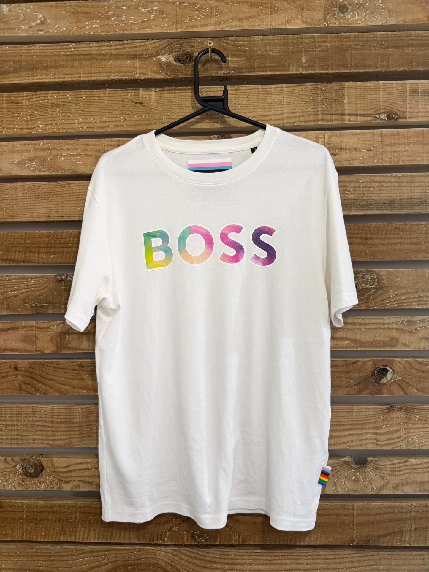 Hugo Boss rainbow logo T-shirt. Pride/Gender Equality. White. Size Small.