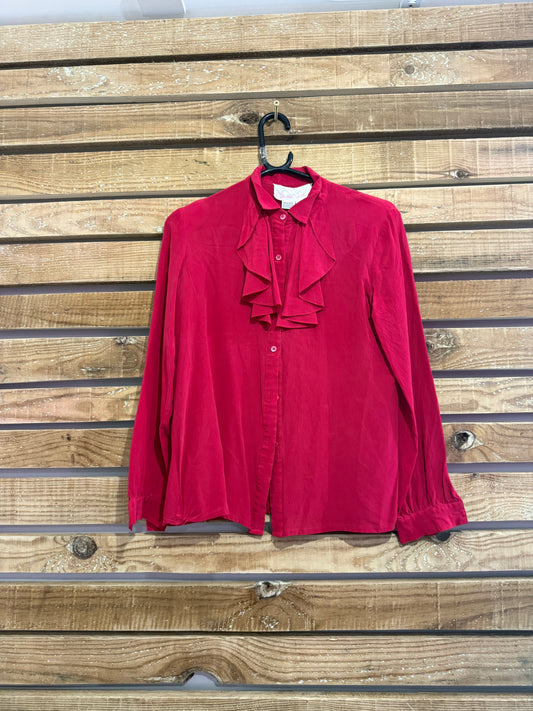 Vintage 80s Zandra Rhodes red ruffled silk blouse/ top. Free sizing up to a UK 12