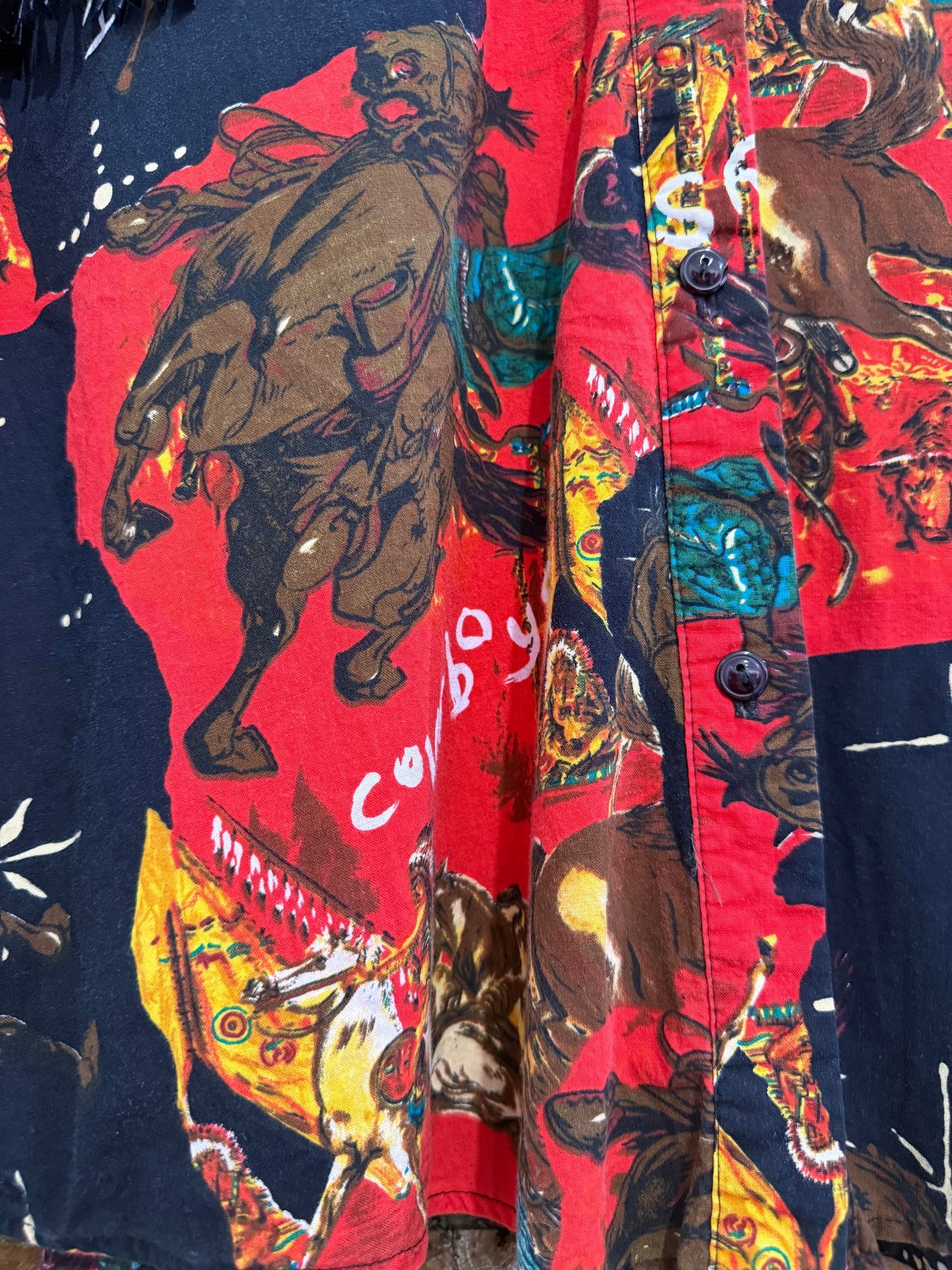 Vintage 80s Rafter Cowboy & Indians fringed western shirt. Made in USA. Size Large.