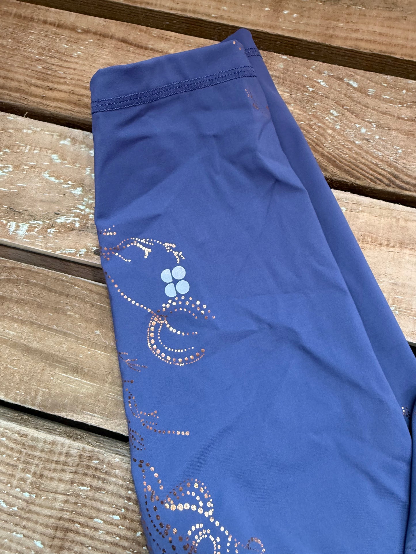 Sweaty Betty full length goddess  leggings. Crown blue, bronze foil. Size medium. Gym/ yoga.