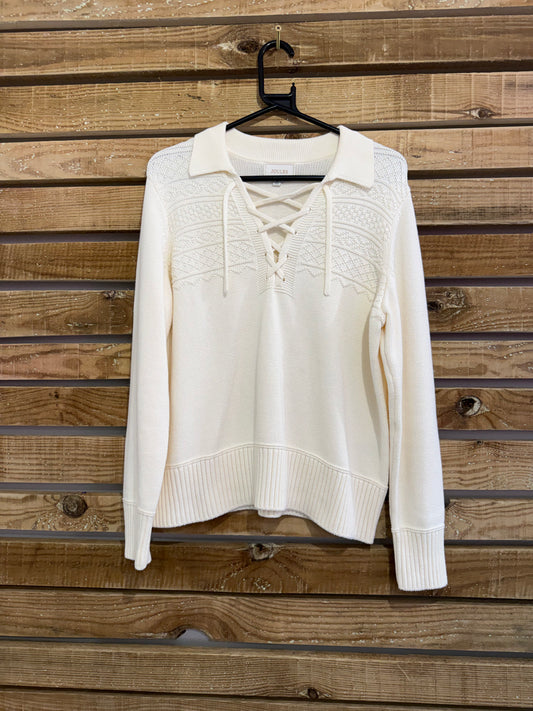 Joules knit lace up collared cotton jumper/ sweater. Cream. Size Medium.
