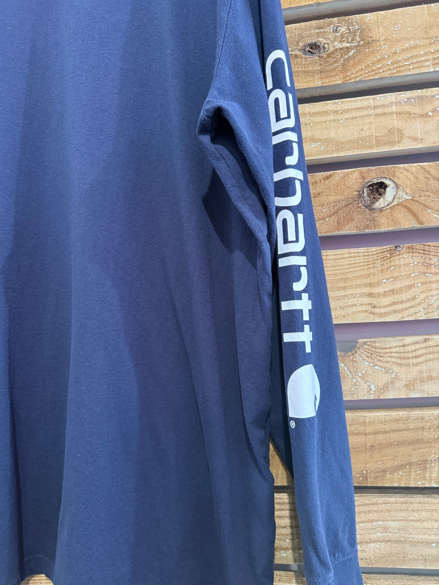 Carhartt long sleeved t-shirt. Spell-out. Navy. Workwear/ cowboy/ USA. Size XL Tall.