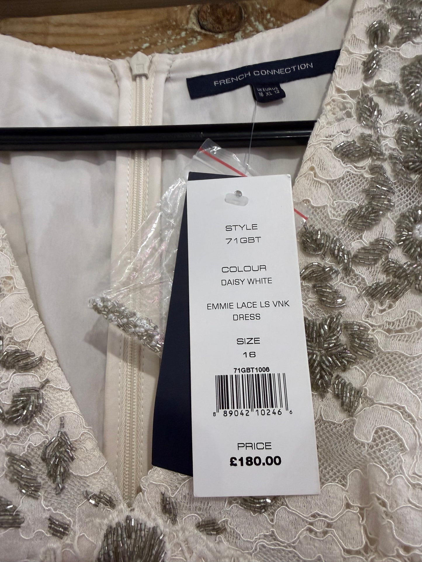 BNWT French connection lace beaded/ embellished dress. Evening/ summer/ bridal/ wedding. Size 16. RRP: £180