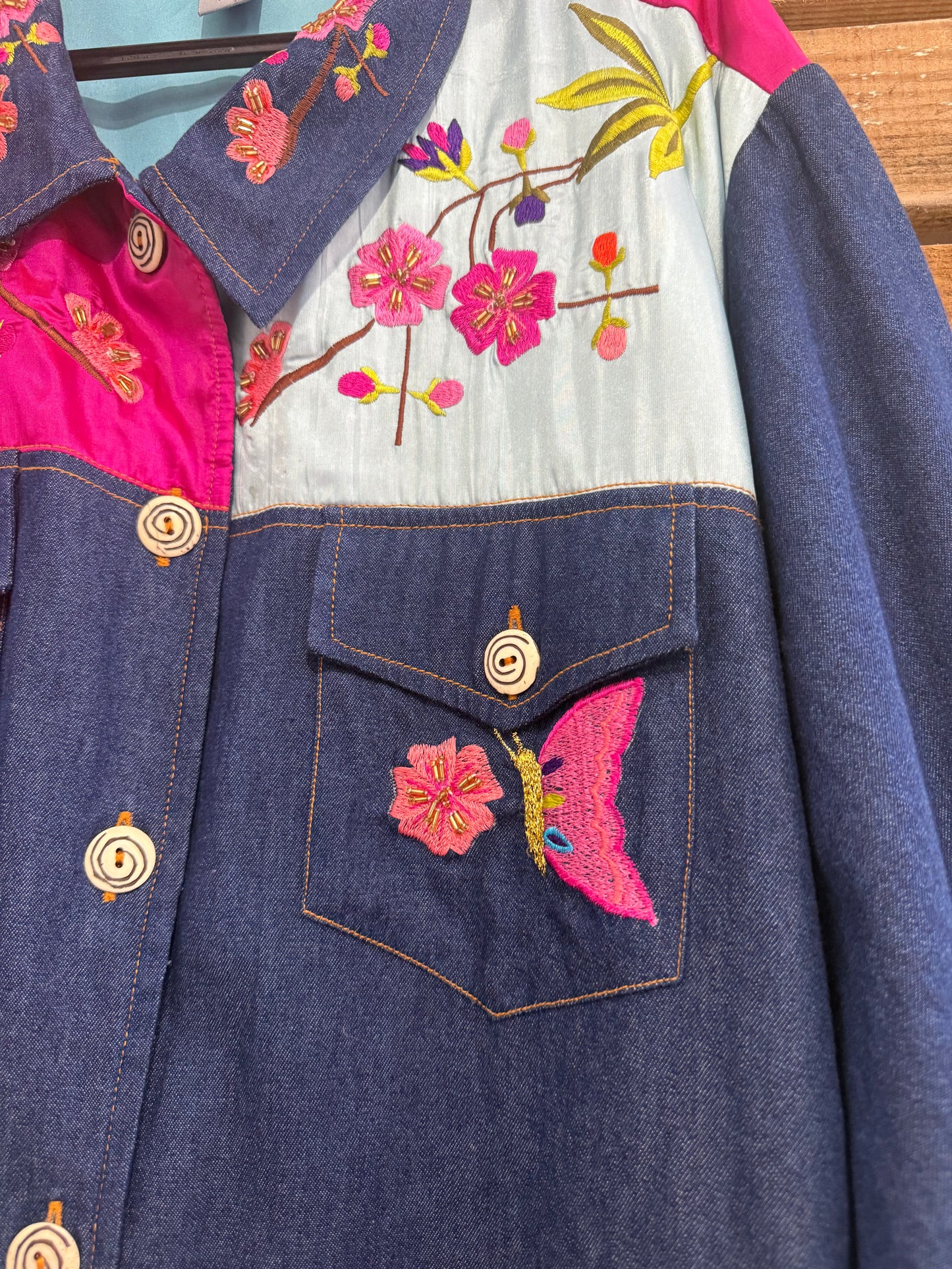 Vintage Y2K Indigo Moon patchwork embroidered denim jacket. Free sizing. 3XL.
