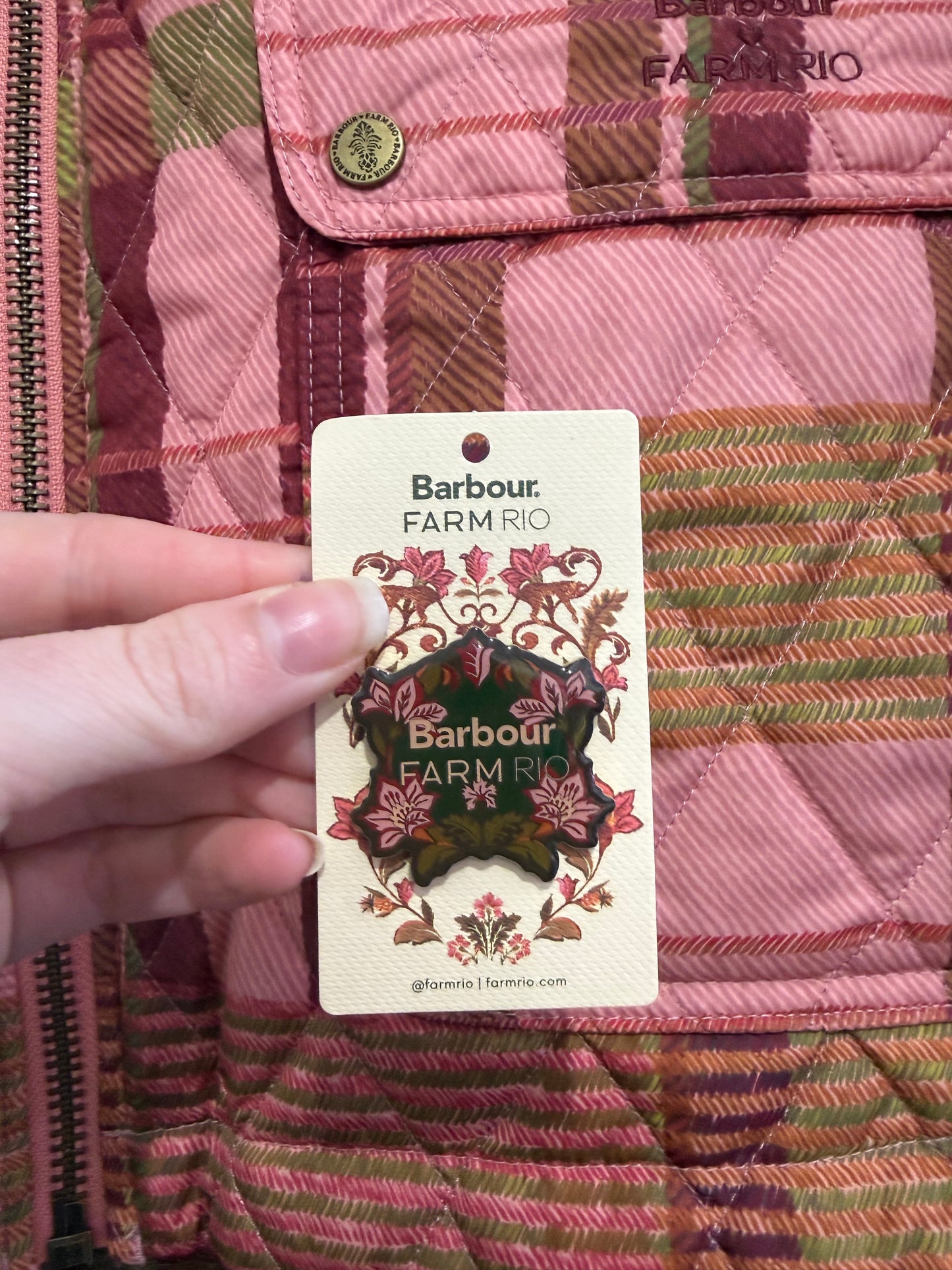 BNWT Barbour x Farm Rio Ana-Clara Quilted Jacket. Pink patchwork. Size Medium