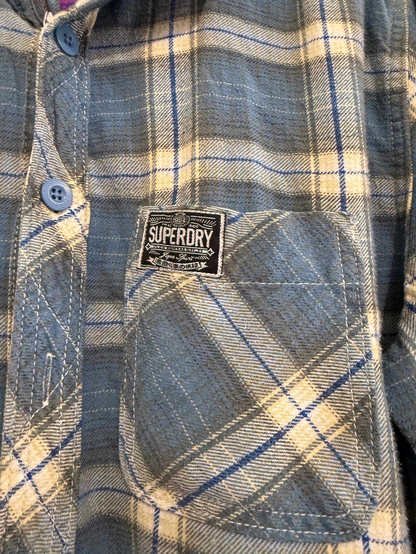 Vintage Y2K Superdry checked flannel plaid button up hooded shirt. Hoodie. Size XXL.