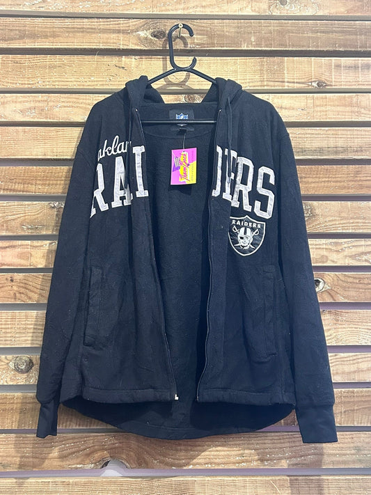 Vintage Y2K NFL Raiders spell-out zip up fleece jacket. Black. Size Medium.