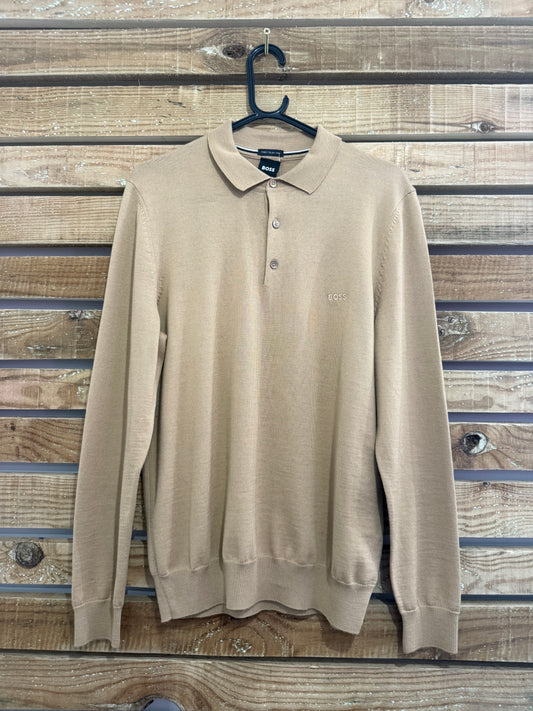 Hugo boss long sleeved wool polo shirt. Size Medium. Beige.