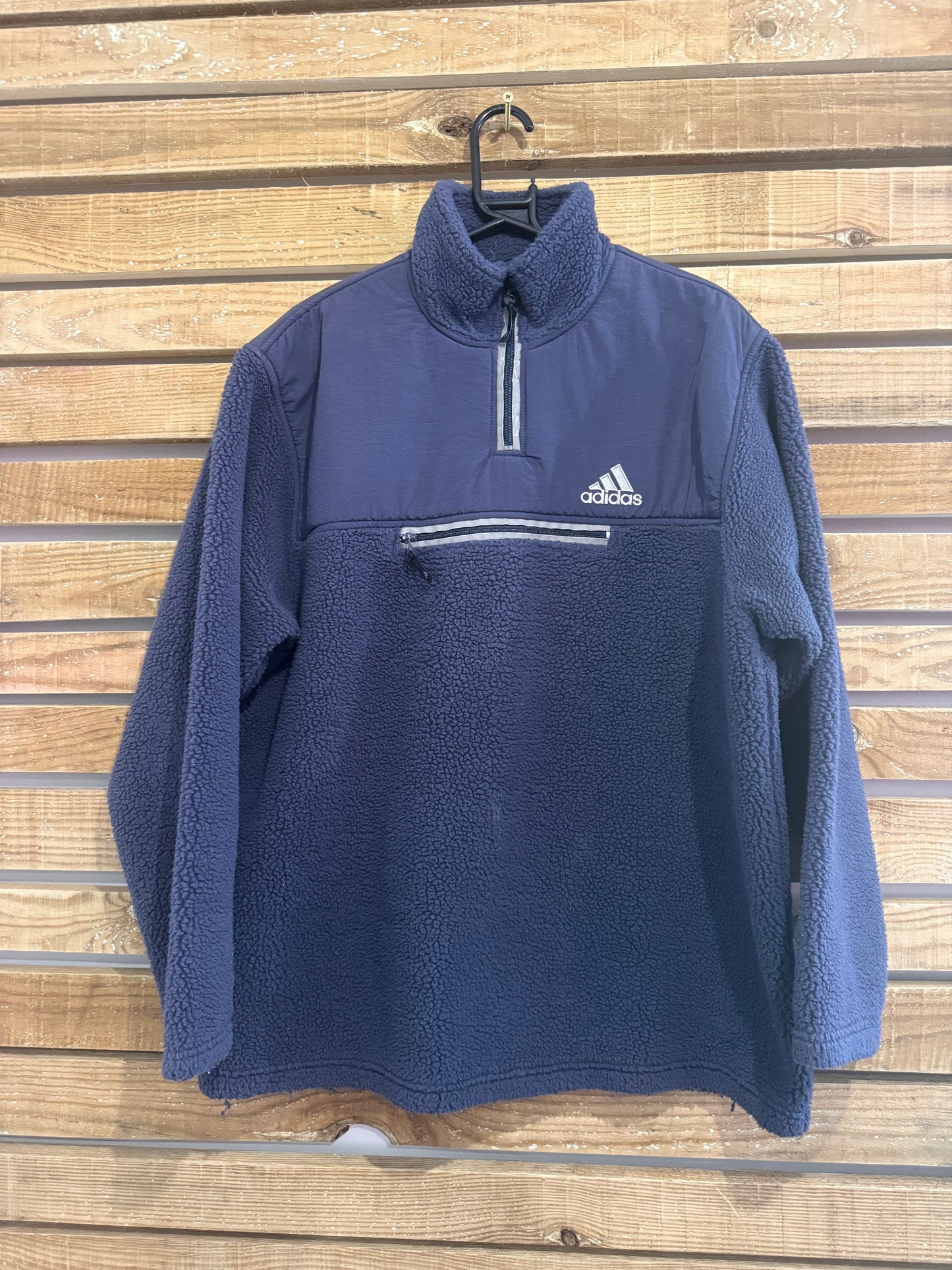 Vintage 90s RARE Adidas 1/4 zip spell-fleece jacket. Blue. Size Large.