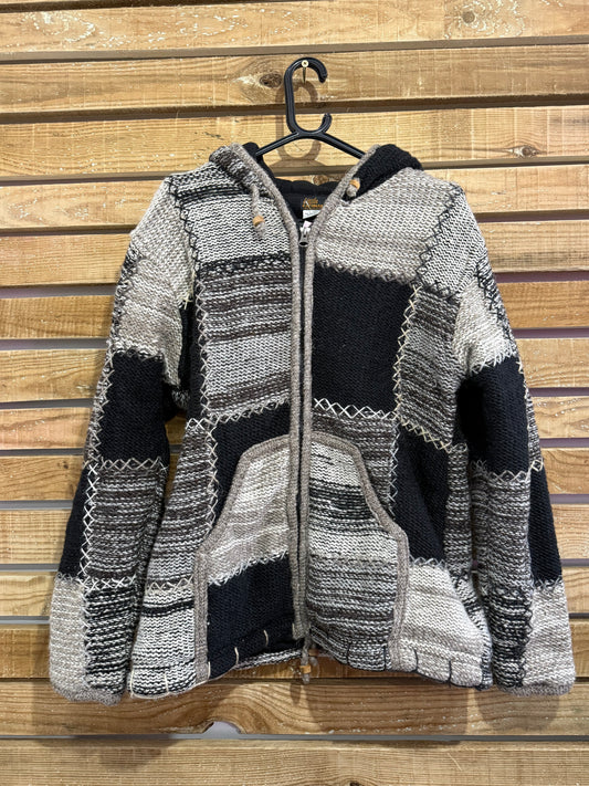 Vintage 70s patchwork knitted Nepalese hoodie jacket! Hippy/ boho. Festival. Size Medium.