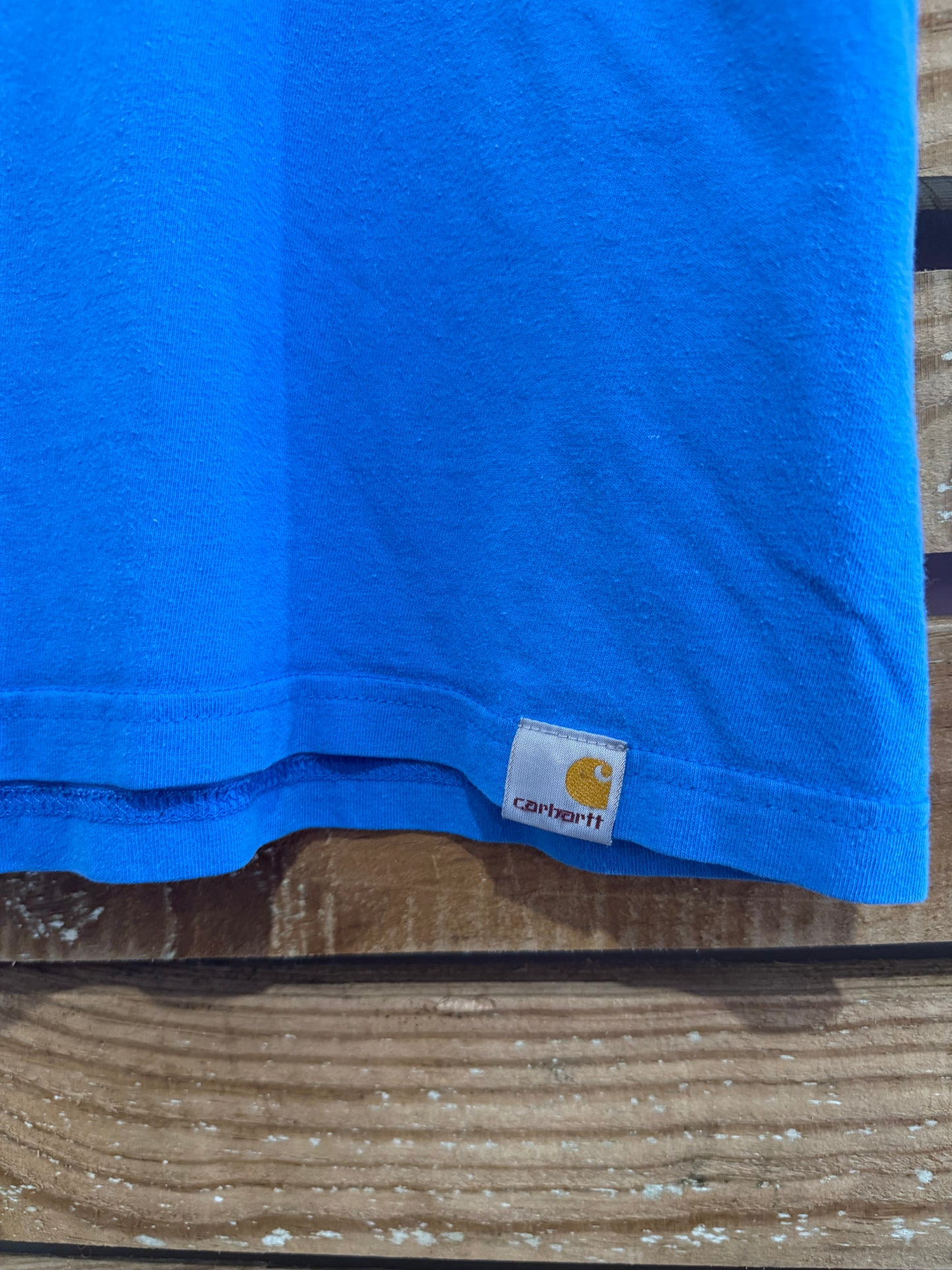 Vintage 90s Carhartt spell-out motif t-shirt. Blue. Workwear/ cowboy/ USA. Size Medium