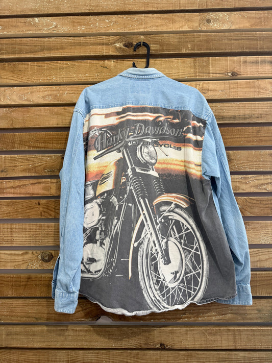 Vintage 90s RARE Harley Davidson denim motif Shirt. Biker/ Motorcycle. Size XL.