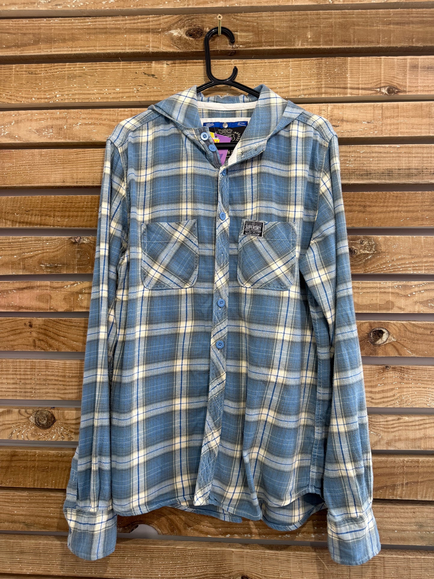 Vintage Y2K Superdry checked flannel plaid button up hooded shirt. Hoodie. Size XXL.