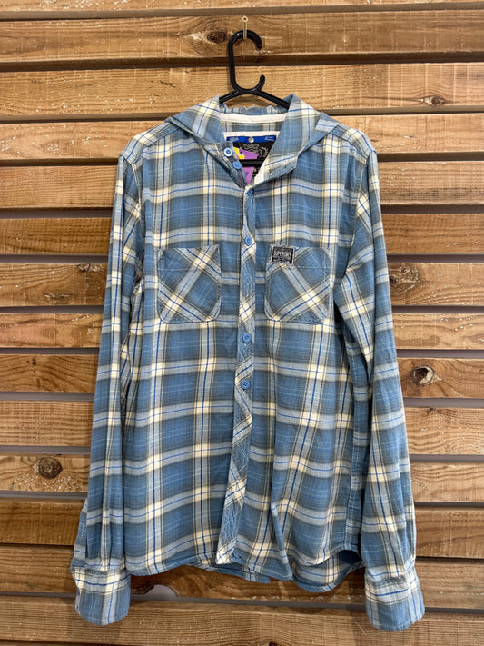 Vintage Y2K Superdry checked flannel plaid button up hooded shirt. Hoodie. Size XXL.