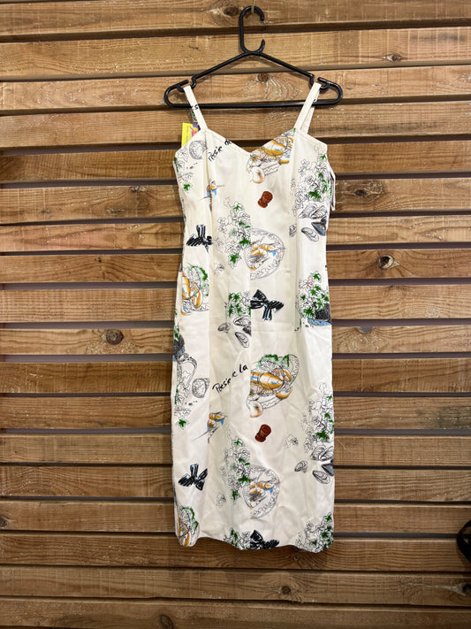 Vintage 80s does 50s Louis Féraud novelty wiggle Dress. Food print. Size UK12. Rare.
