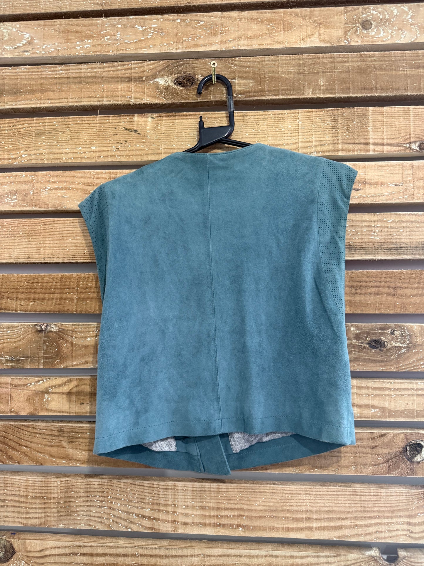 Vintage Y2K sleeveless suede leather gilet jacket. Biker/ Festival. Teal. Size Small.
