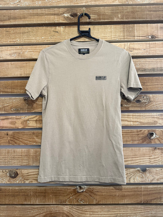 Barbour logo top/ t-shirt. Motorcycle/ outdoors. Stone. Size Small.
