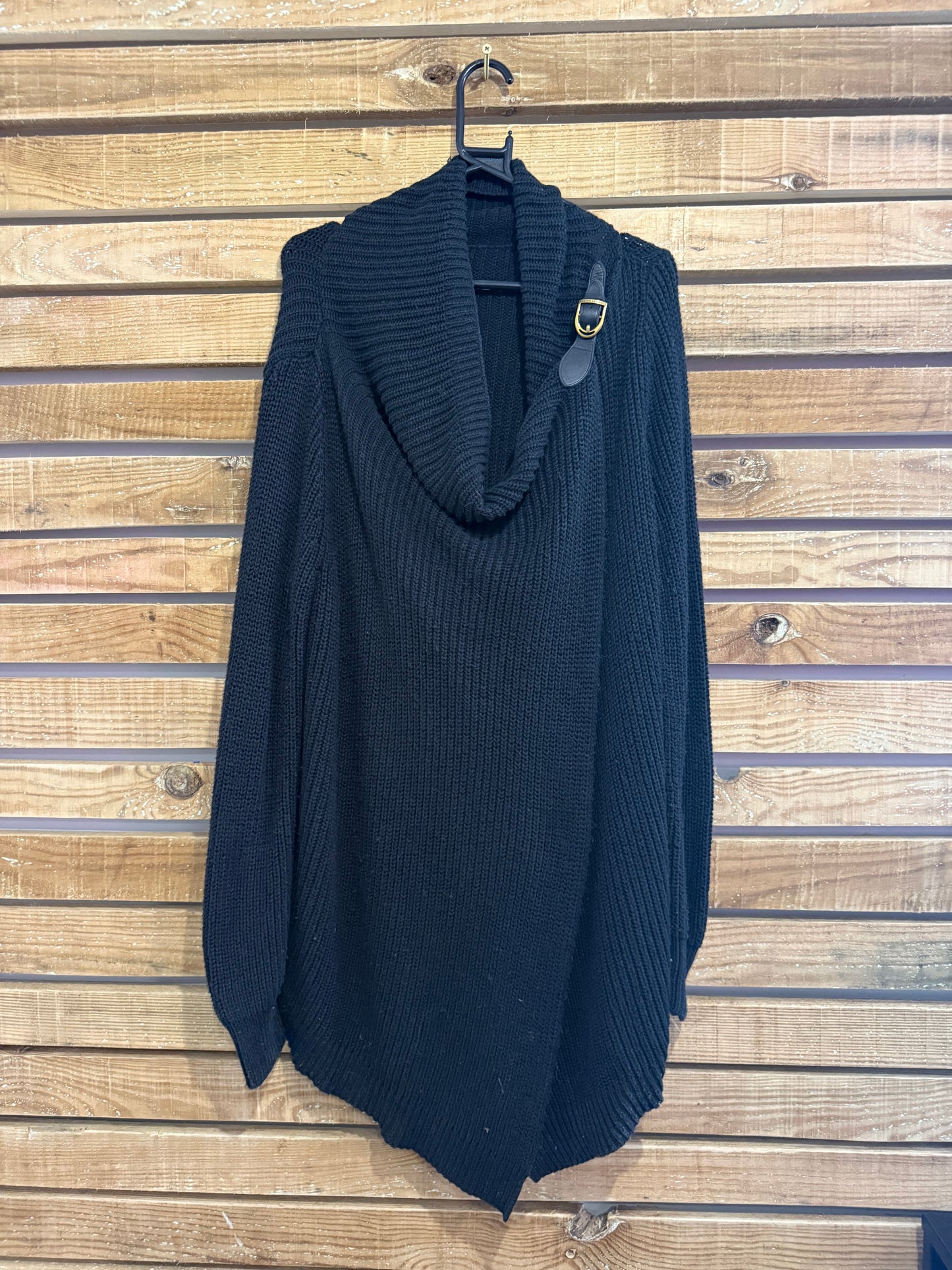 Vintage 90s Ralph Lauren buckle poncho/ shawl/ cape. Preppy/ equestrian. Black. Size medium.