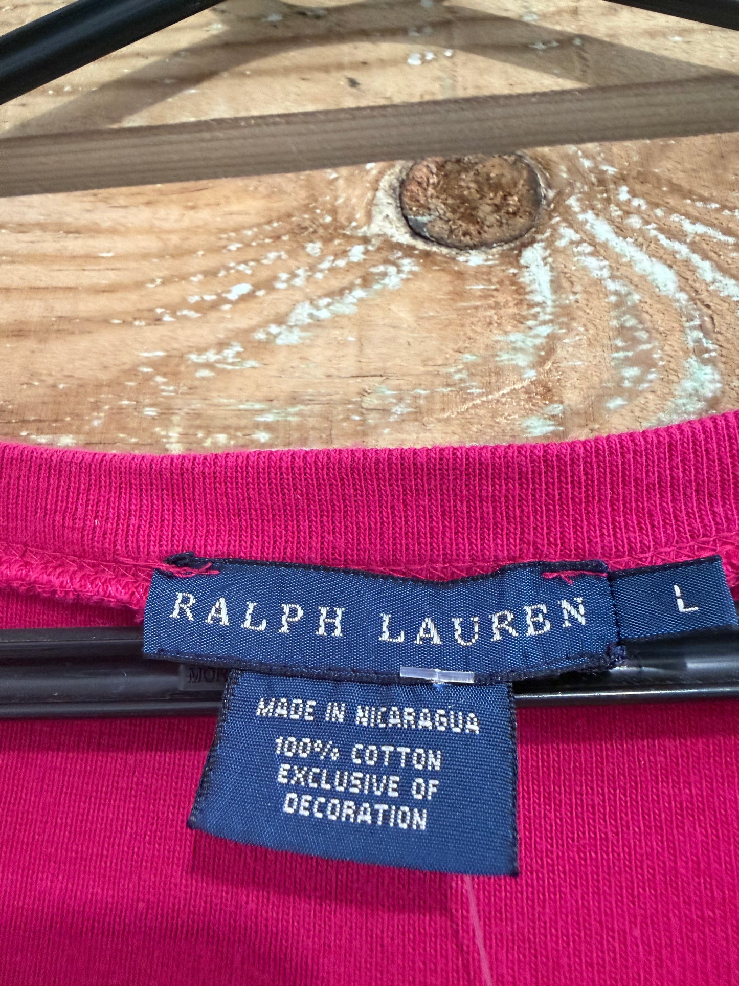 Vintage 90s Ralph Lauren V neck logo T-shirt. Pink. Size Large.