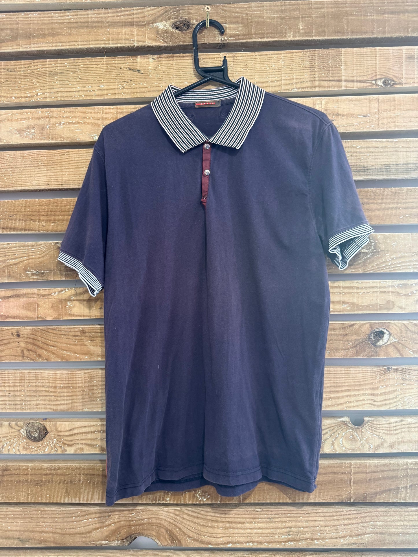 Vintage 90s Prada button up polo shirt. Blue. Red tag. Size Medium.