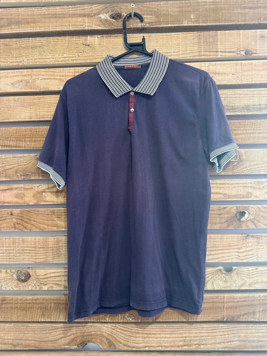 Vintage 90s Prada button up polo shirt. Blue. Red tag. Size Medium.