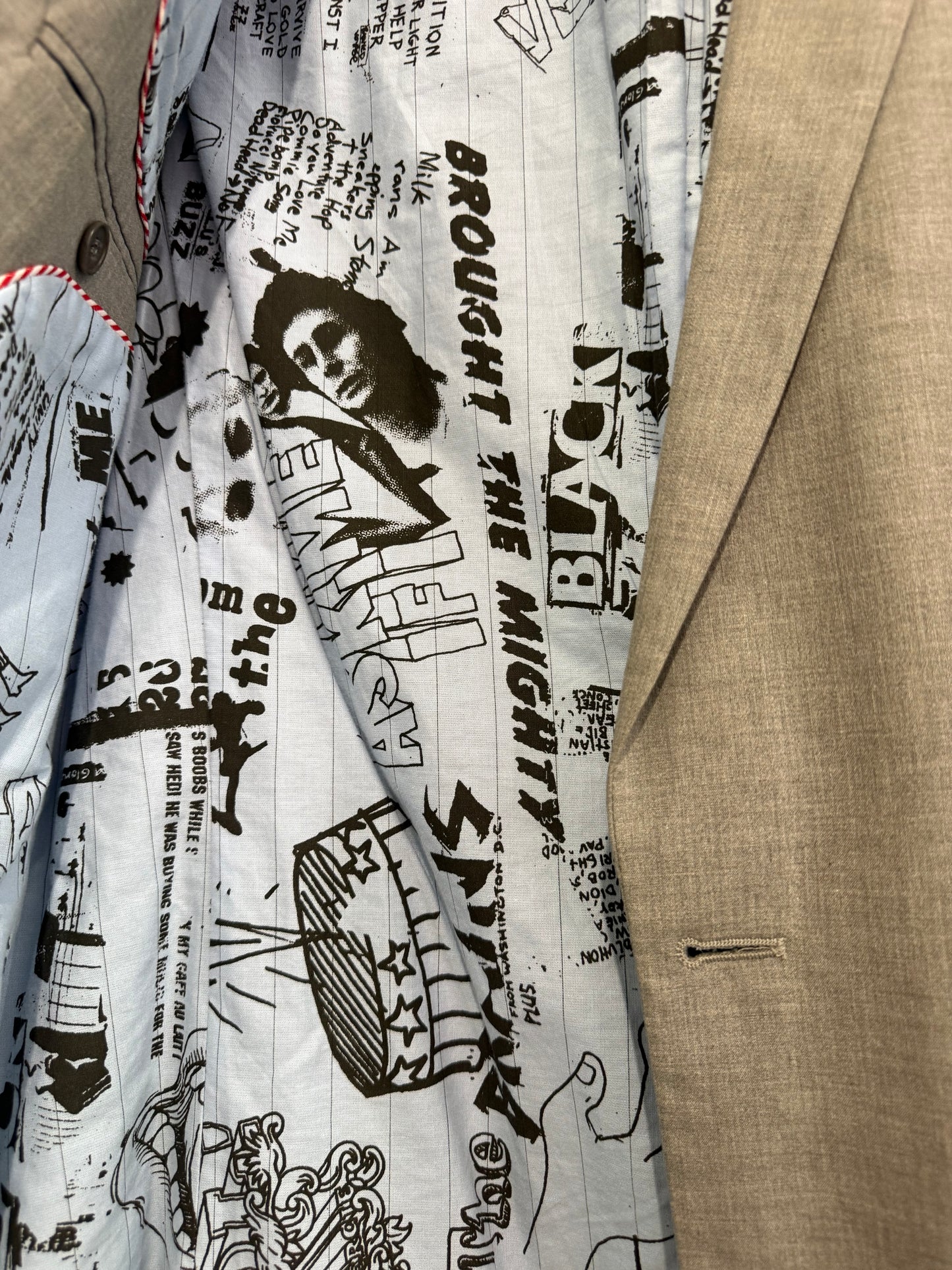 Vintage Y2K Energie cotton Blazer/Jacket. Grey. Magazine print. Size 40” chest, small.