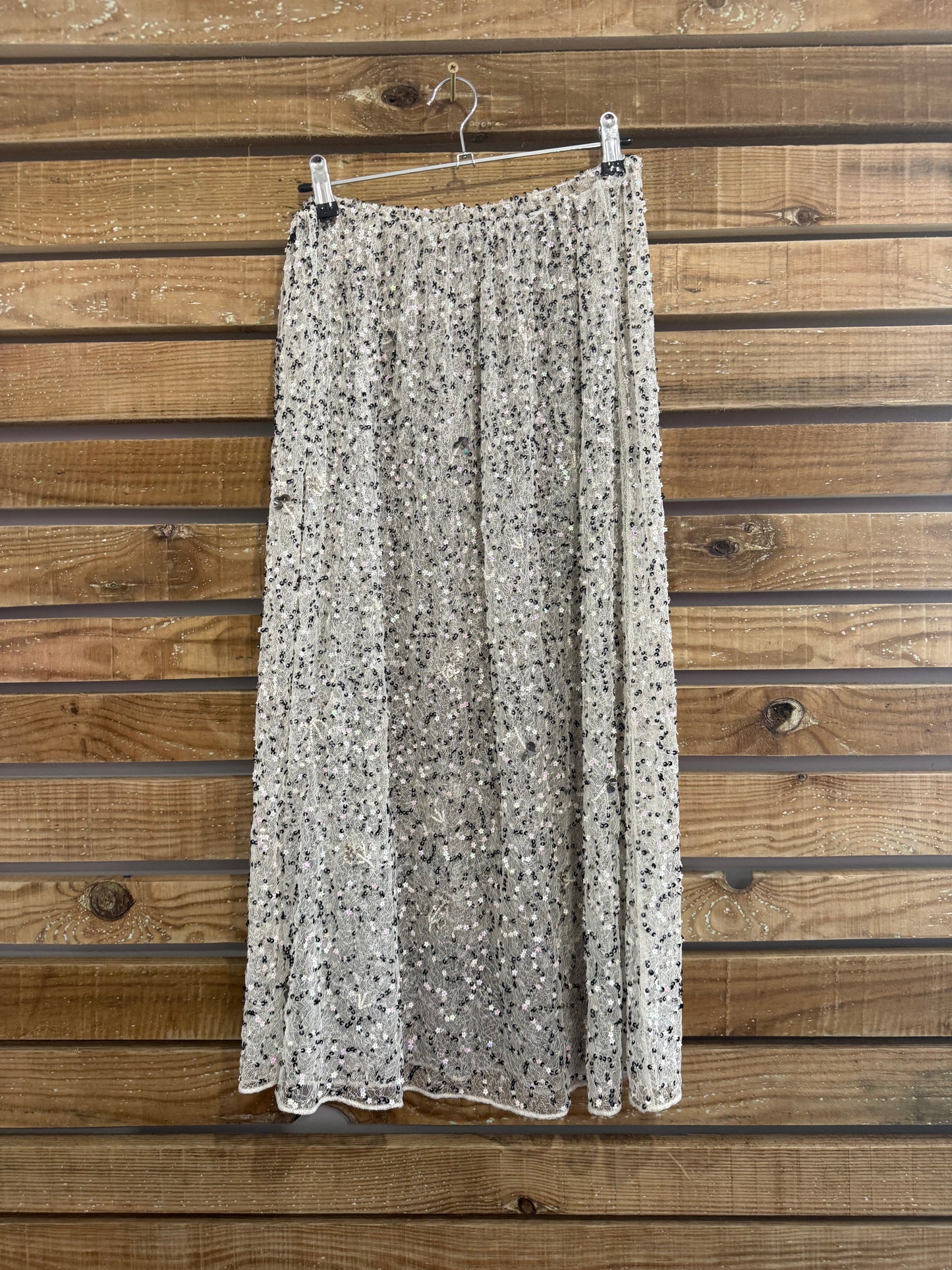 Vintage 90s Sequin/ beaded sheer skirt. Silver. One size. 18-36” waist. Festival/ party