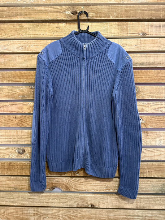 Vintage Y2K Blanc Bleu zip up knit cardigan/ jumper. French workwear. Blue. Size XL.