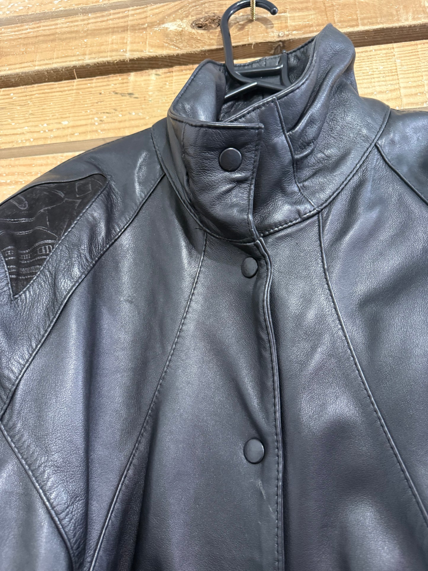 Vintage 80s leather embellished  bomber jacket. Black. Size Small.