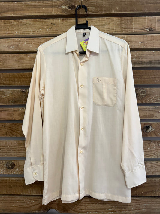 Vintage 80s cream cotton button up top/ shirt. “E” embroidered. Size Medium. 42” chest.
