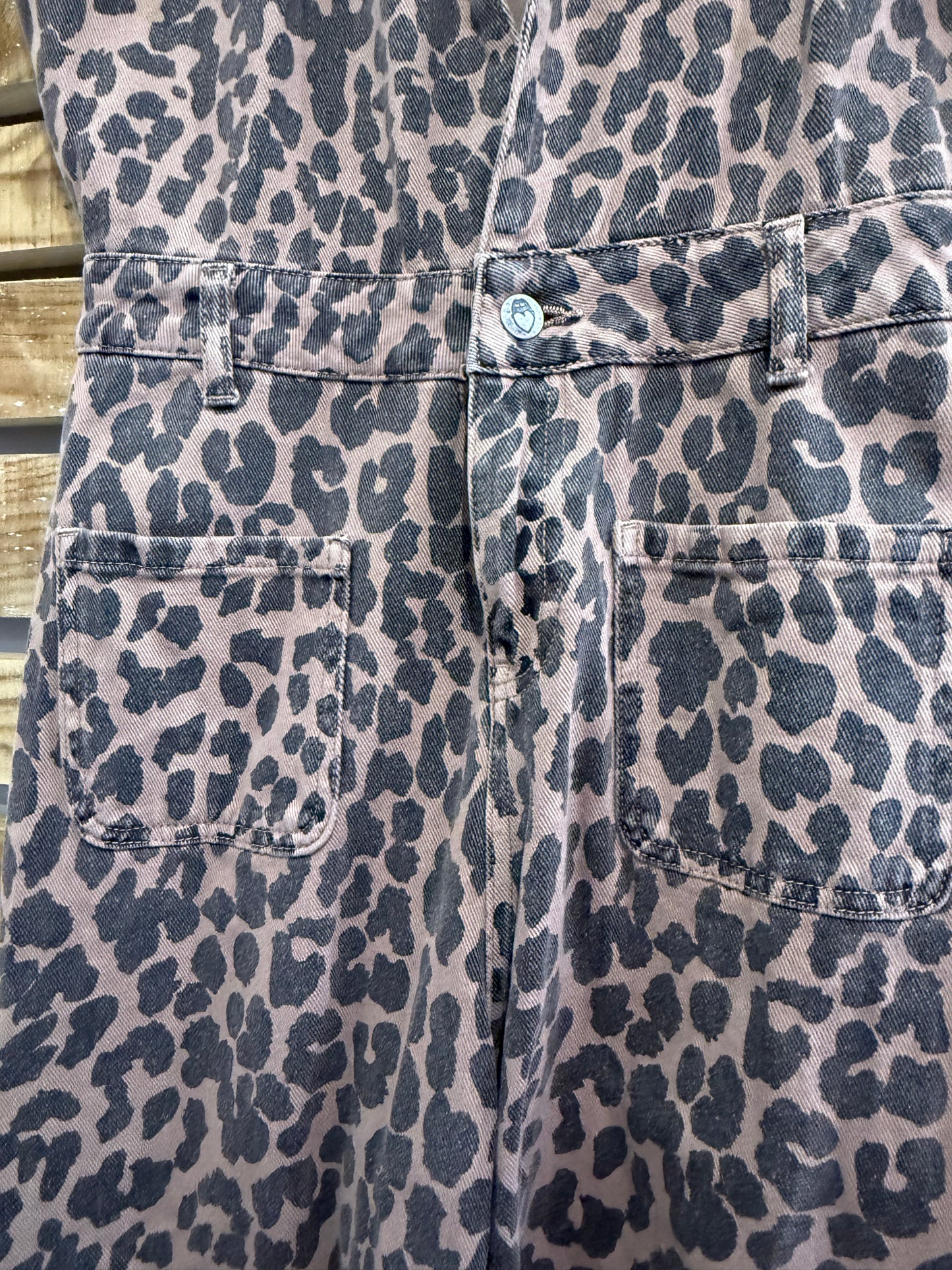 Leopard print denim jumpsuit. Size 8.