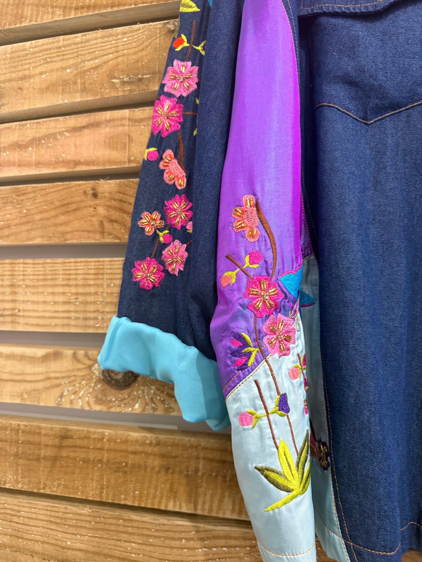 Vintage Y2K Indigo Moon patchwork embroidered denim jacket. Free sizing. 3XL.