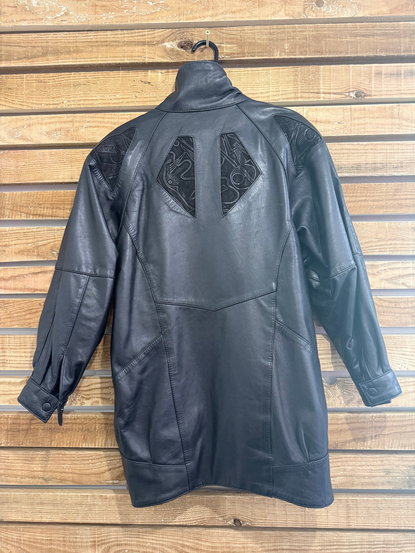 Vintage 80s leather embellished  bomber jacket. Black. Size Small.