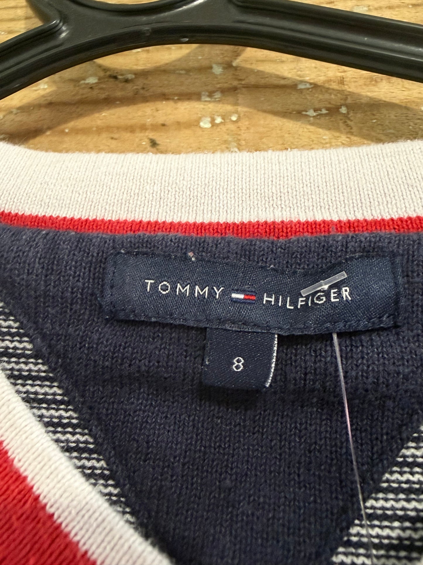 Vintage 90s Tommy Hilfiger V neck cotton jumper/ sweater. Blue and white stripe. Size 4-6.