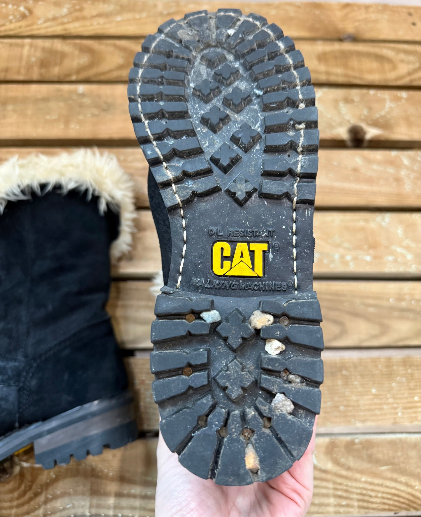 Vintage Y2K CAT Caterpillar Fur lined Mid Calf Leather Buckle Boots Size 5,EU38