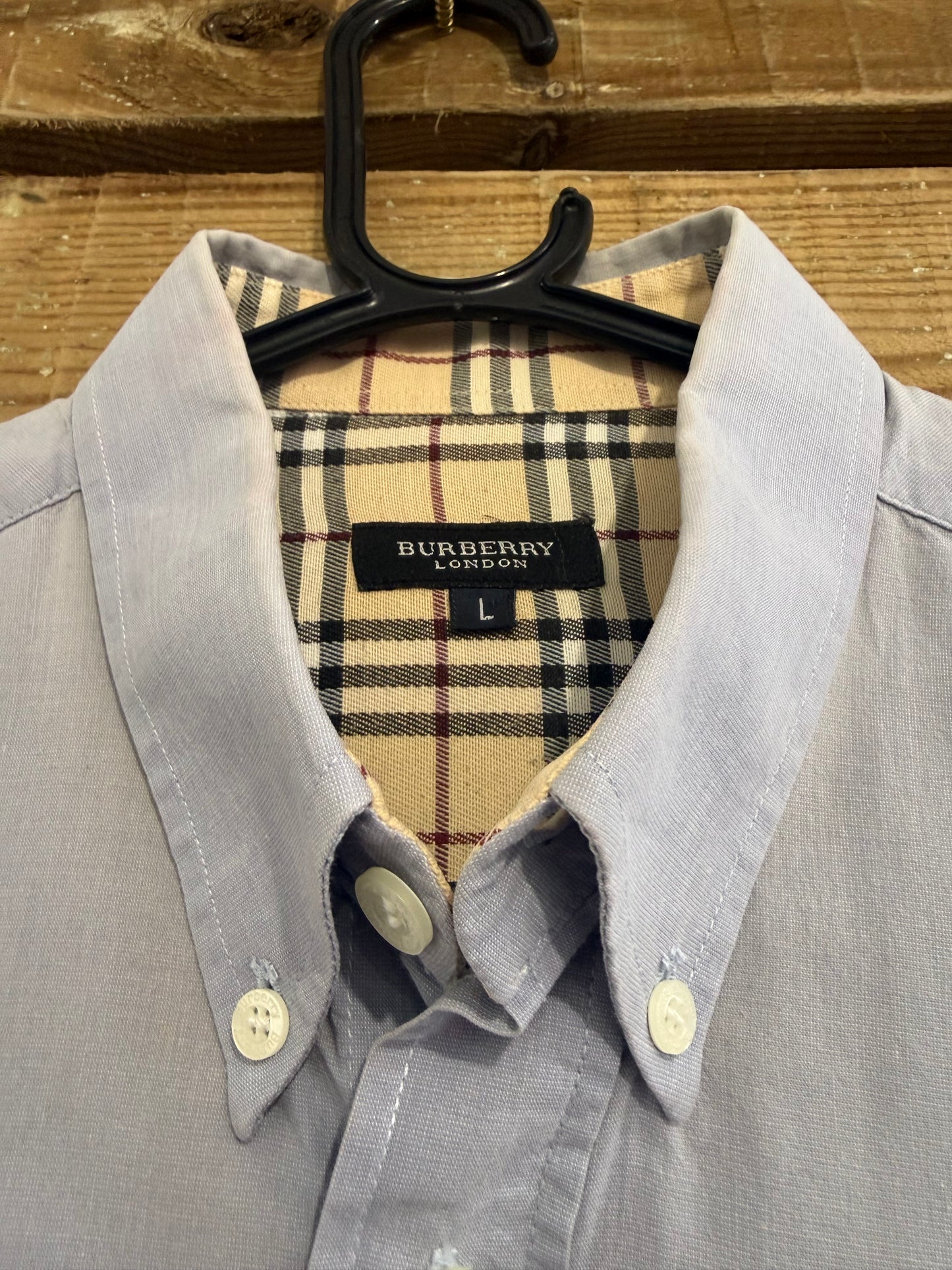 Vintage 90s Burberry blue cotton button up short sleeve shirt. Size Large. 44” chest. Nova check.