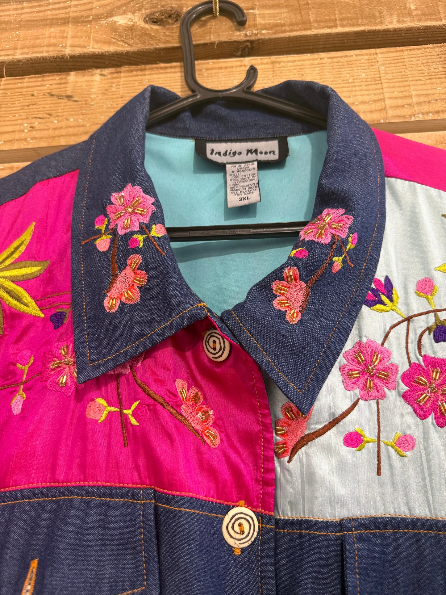 Vintage Y2K Indigo Moon patchwork embroidered denim jacket. Free sizing. 3XL.