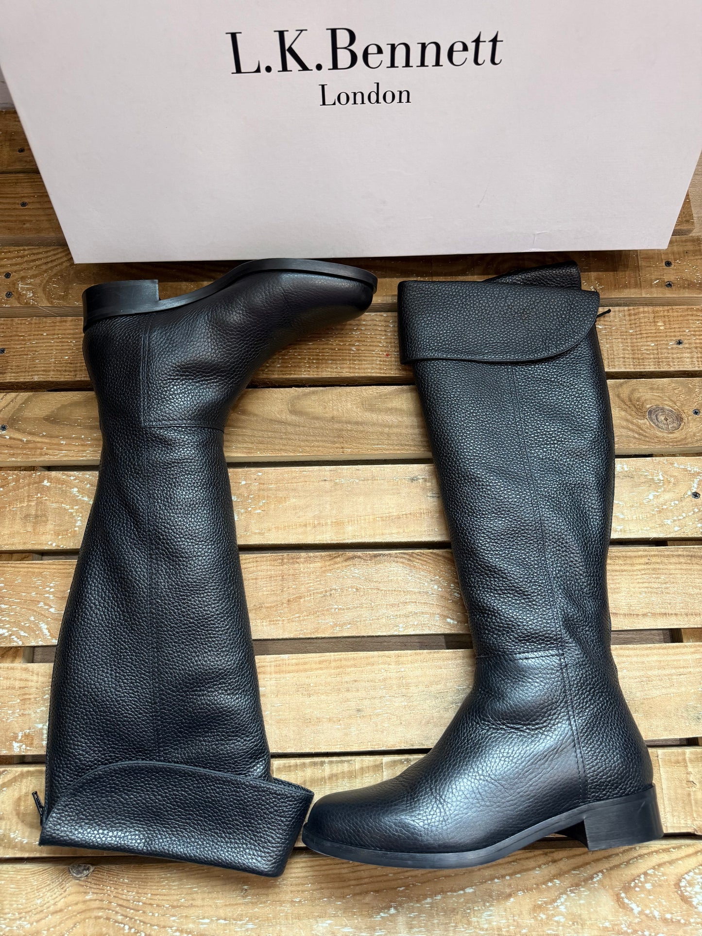 L.K.Bennett knee high fold over boots. Black leather. Size UK6 EU39. In box