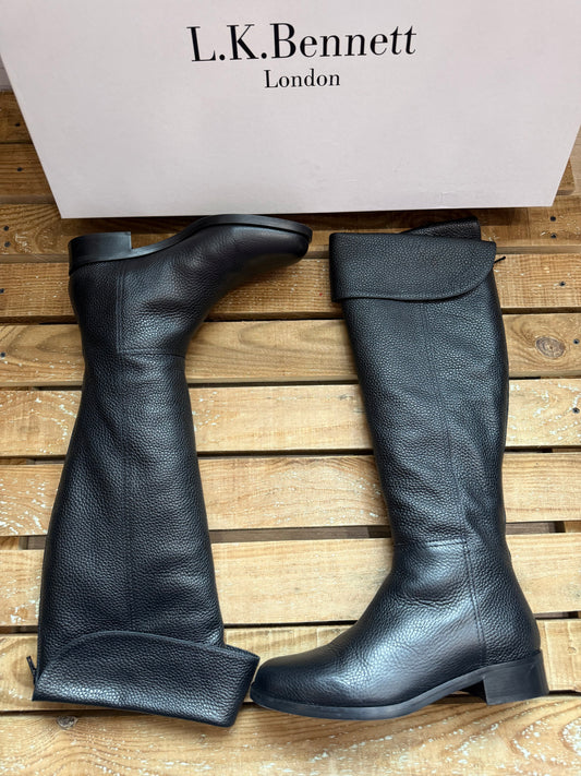 L.K.Bennett knee high fold over boots. Black leather. Size UK6 EU39. In box