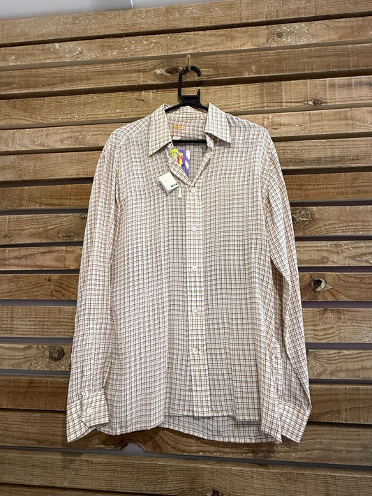 Vintage 80s deadstock crepe de silk checked cream patterned button up shirt. Size Large.