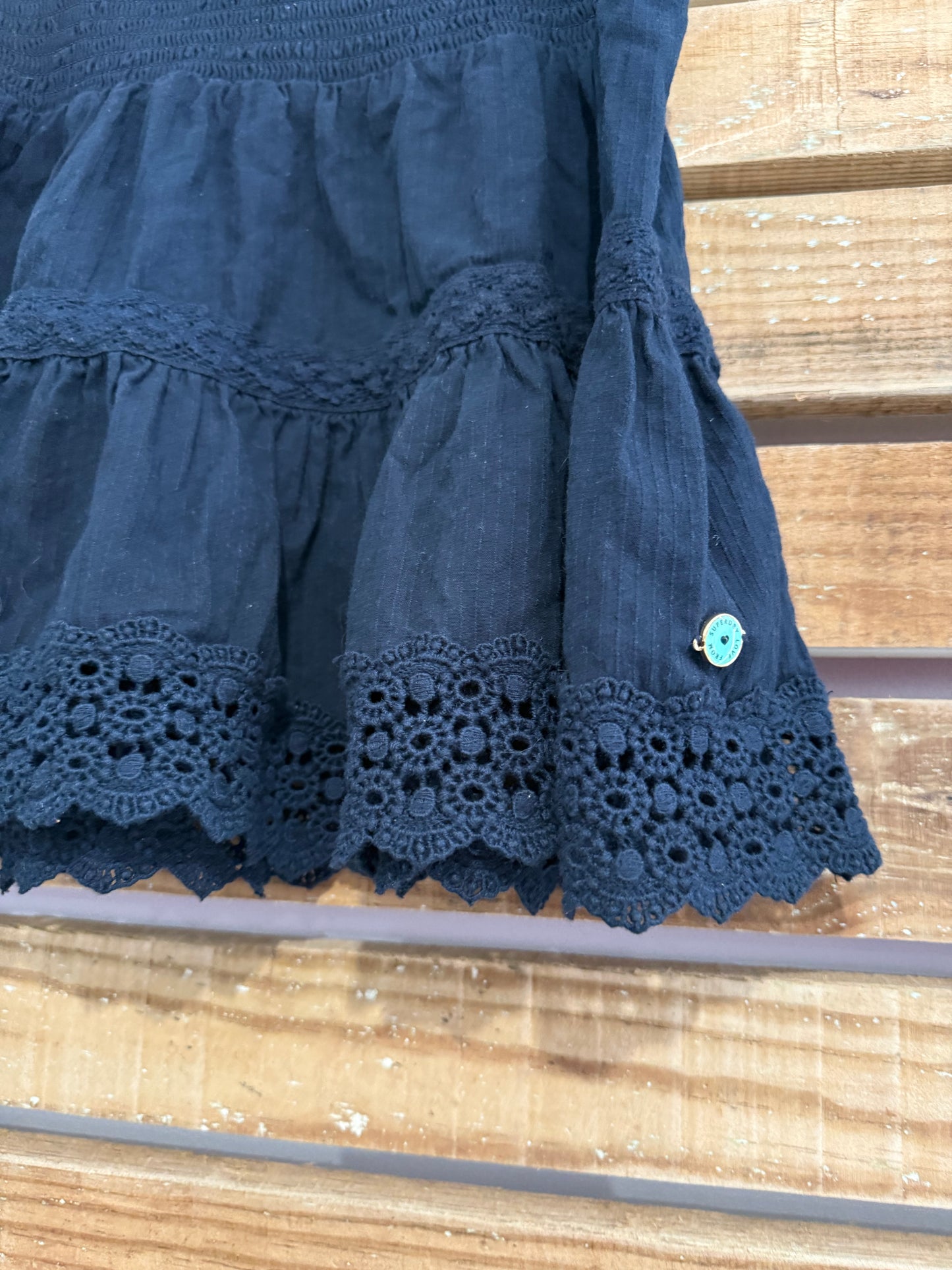 Superdry rara lace tiered mini skirt. Summer/ festival. Black. 25-32”waist. UK8