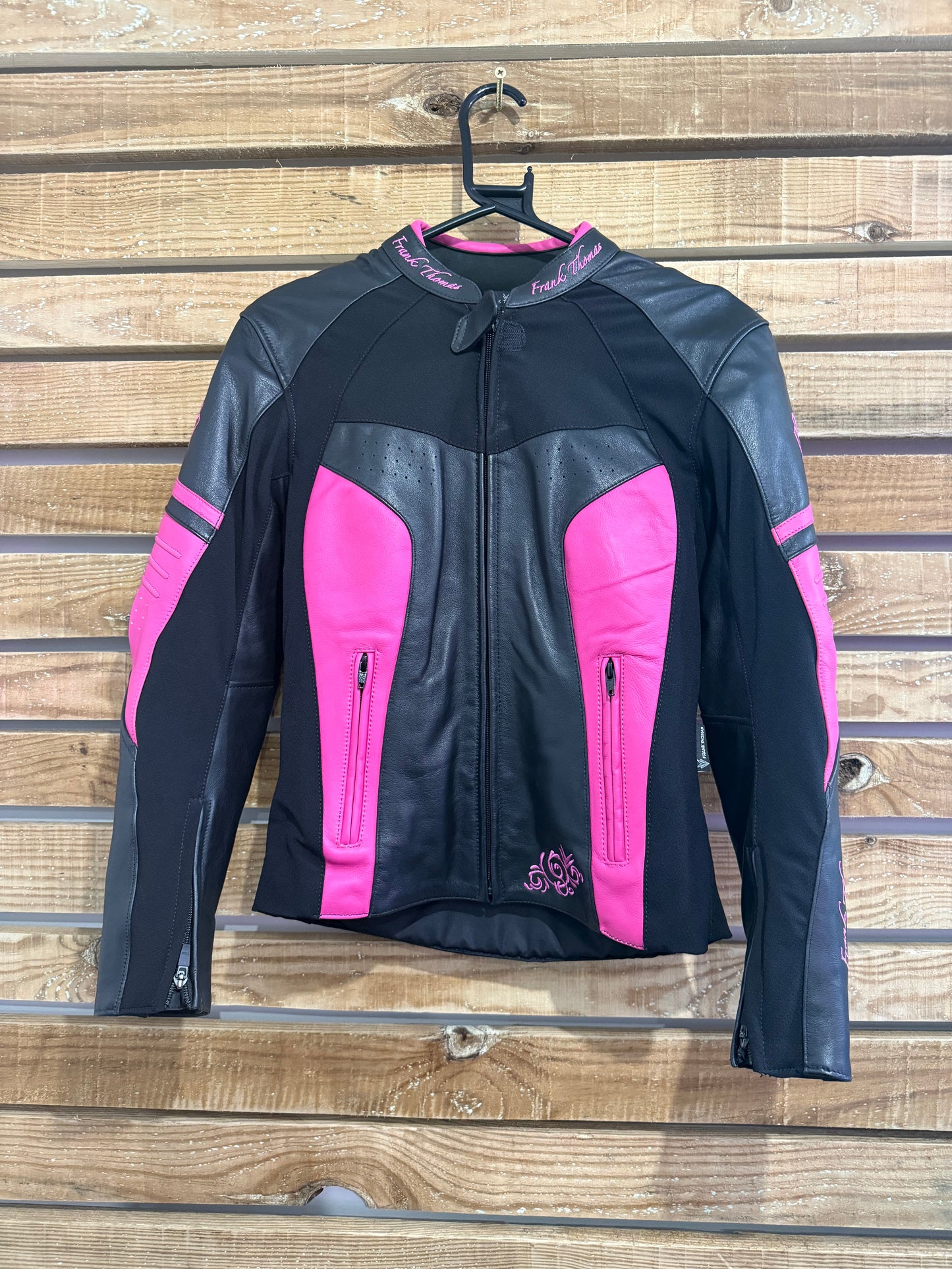 Frank Thomas leather motorcycle racing/ biker jacket. Size 10. Pink & black.