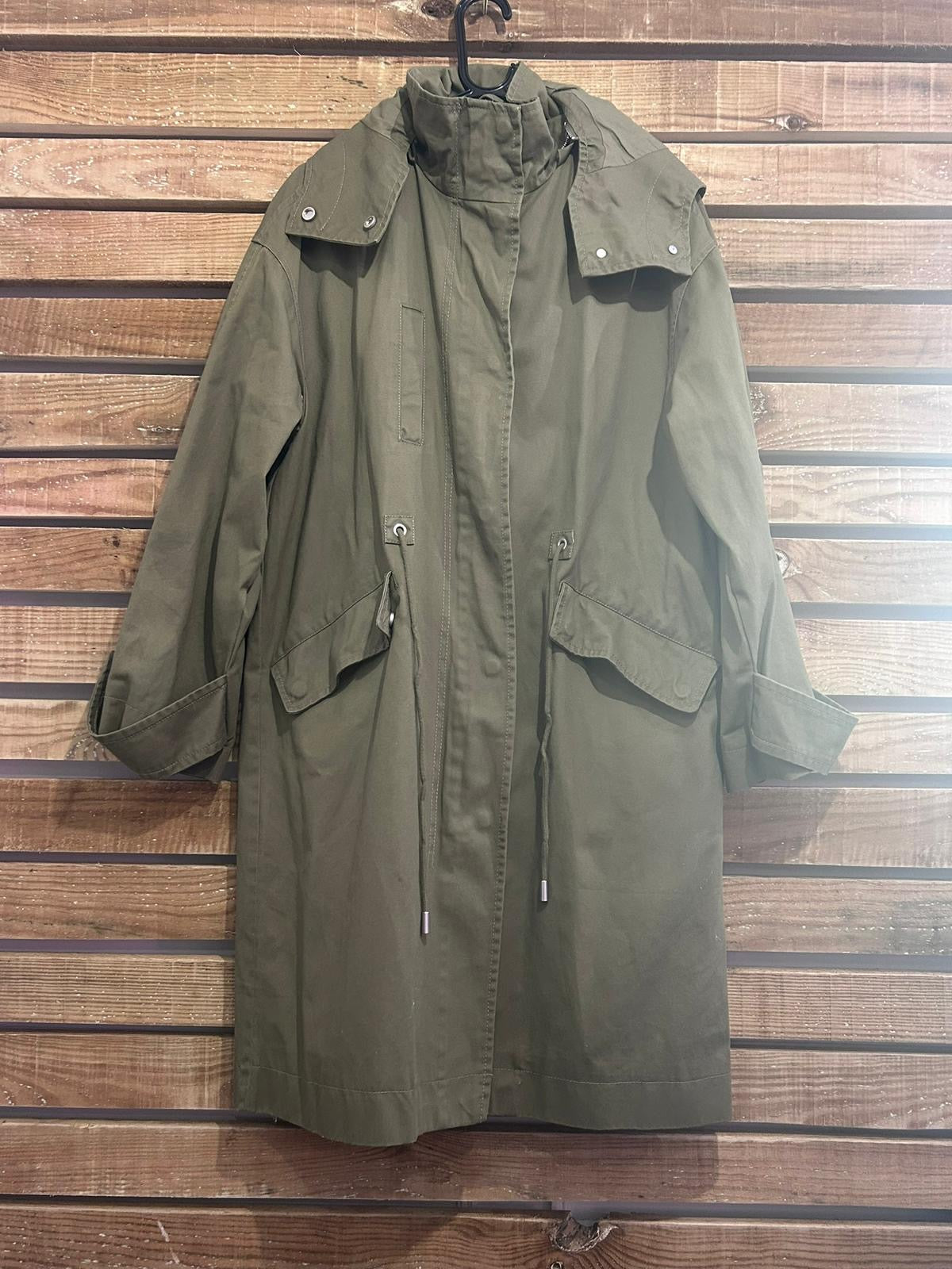 Zara Khaki Green Hooded Parka Trench Coat Size S UK 8
