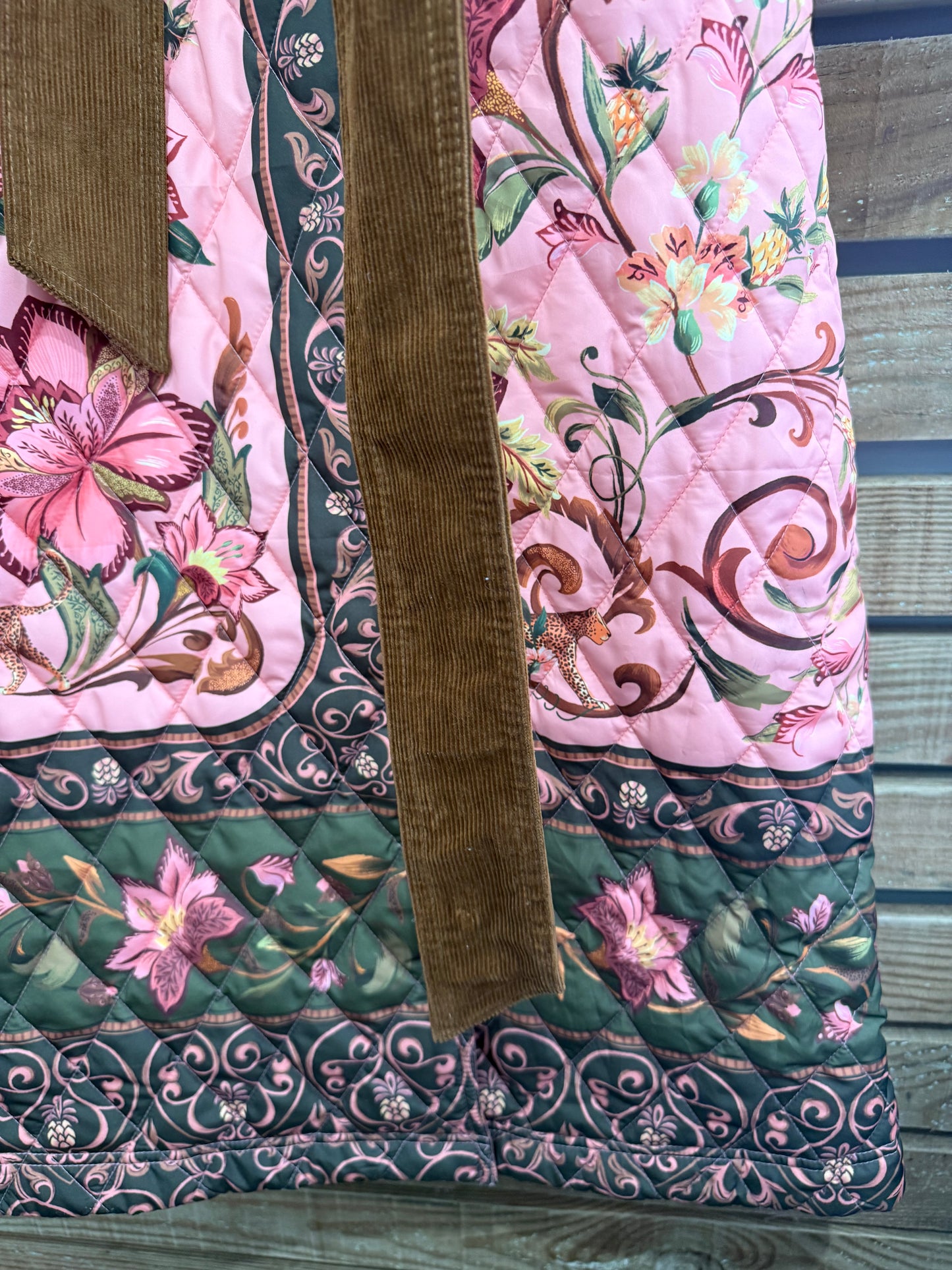 BNWT Barbour x Farm Rio Cami Quilted Jacket. Pink patchwork. Size XS.